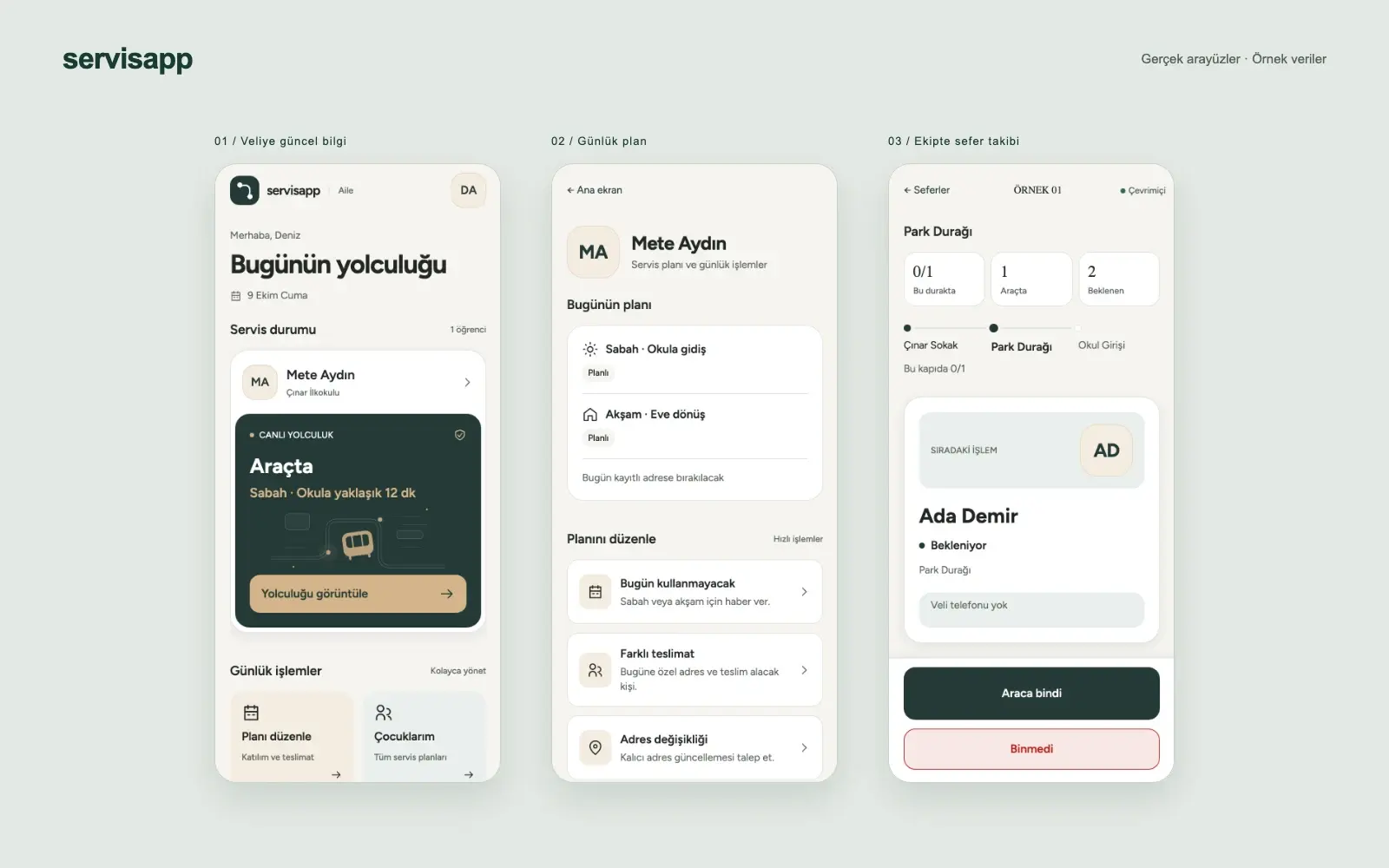 Actual ServisApp parent, daily-plan and driver-trip interfaces with example student and journey data.