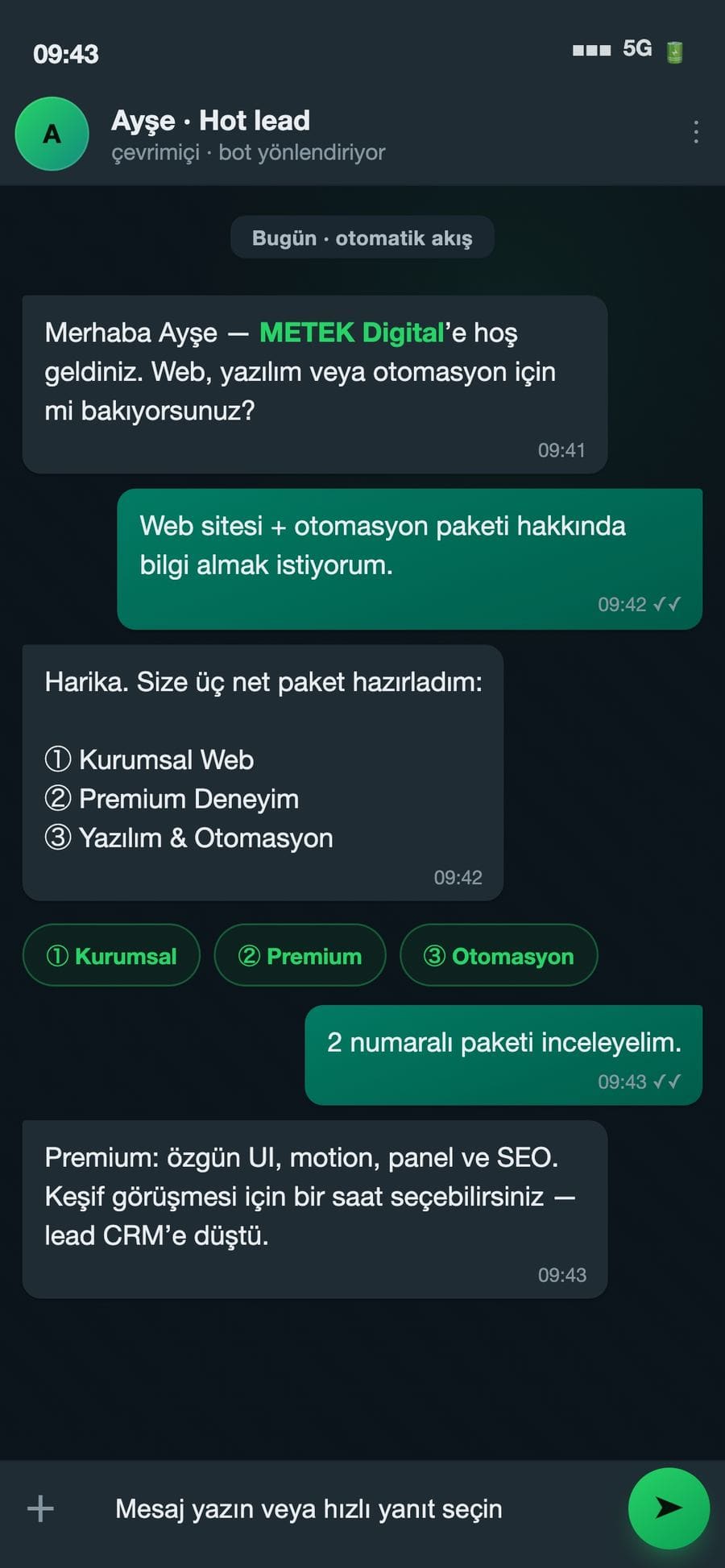 Phone screen showing a WhatsApp chatbot conversation.